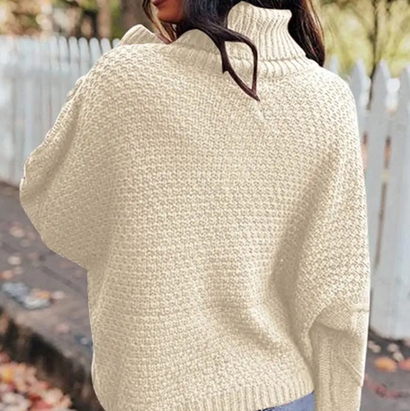 Turtleneck Cable Knit Long Sleeve Oversized Pullover Sweater Beige Size Large - Picture 2 of 14